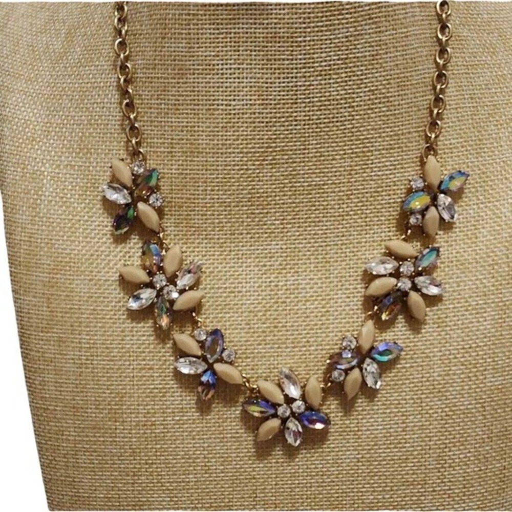 J. Crew Gold Tone Tan Iridescent Crystal Floral Statement Bib Necklace